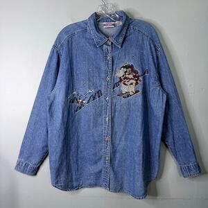 VTG 90s Cool Blues Christmas Skiiing Bear and Penguin Denim Button Up Shirt Sz L